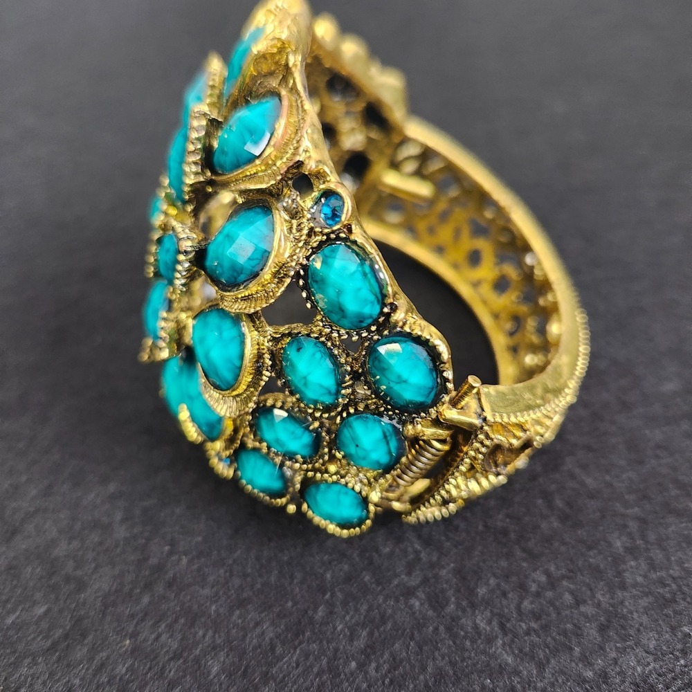Gold Tone Clamp Bracelet with Teal Turquoise Color Stones Statement Jewelry - Picture 5 of 7